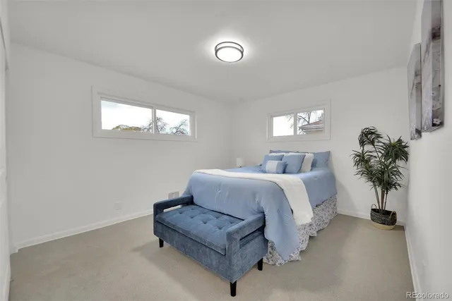 a spacious bedroom with a bed and a potted plant