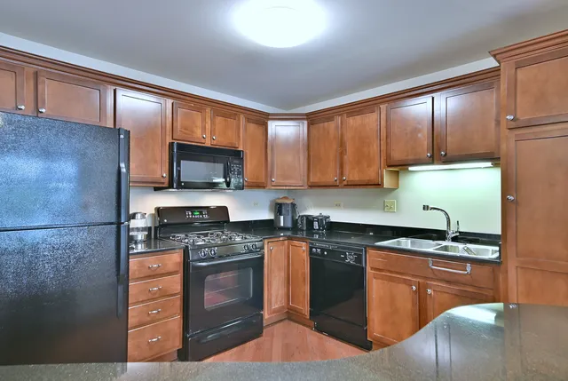 a kitchen with stainless steel appliances granite countertop a stove a sink dishwasher a refrigerator and a microwave oven