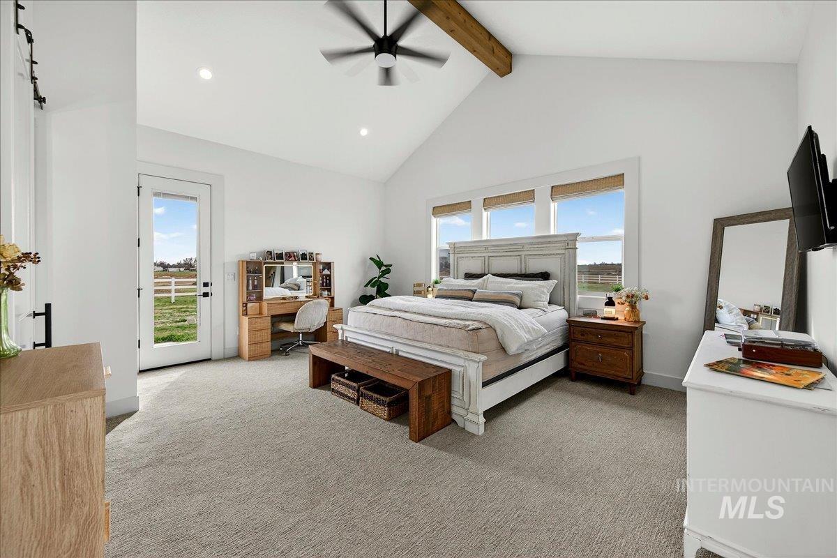 24853 Haflinger Way Middleton, ID 83644 - Photo 29 of 49 Bedroom featuring light colored carpet, access to exterior, a desk, multiple windows, and recessed lighting