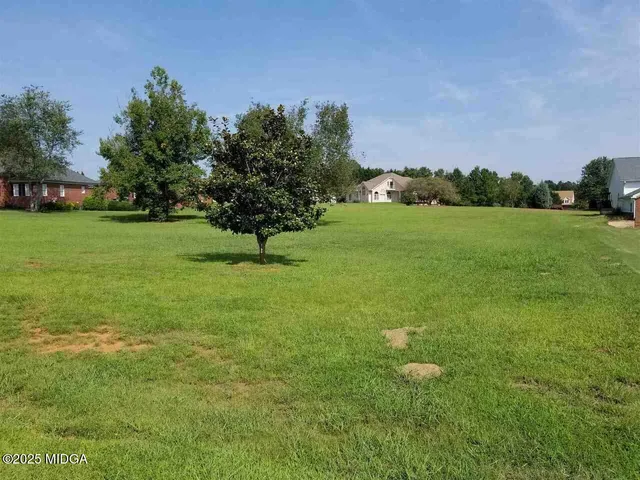 a lush green field with lots of trees in the background