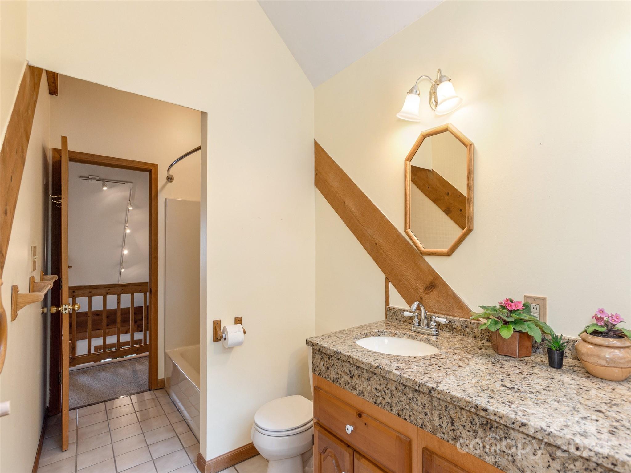 28 Chestnut Ridge Road, Unit 228 Mills River, NC 28759 - Photo 25 of 48 a bathroom with a granite countertop sink a toilet and a wooden floor