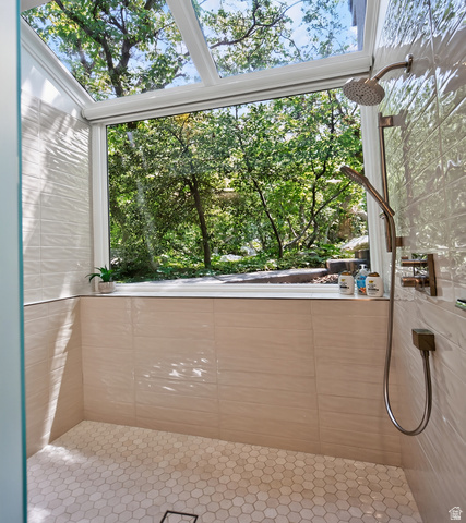 11454 South Oberland Road Sandy, UT 84092 - Photo 54 of 103 Glass-enclosed shower with a large fixed window, overhead skylight, and hexagonal tile flooring