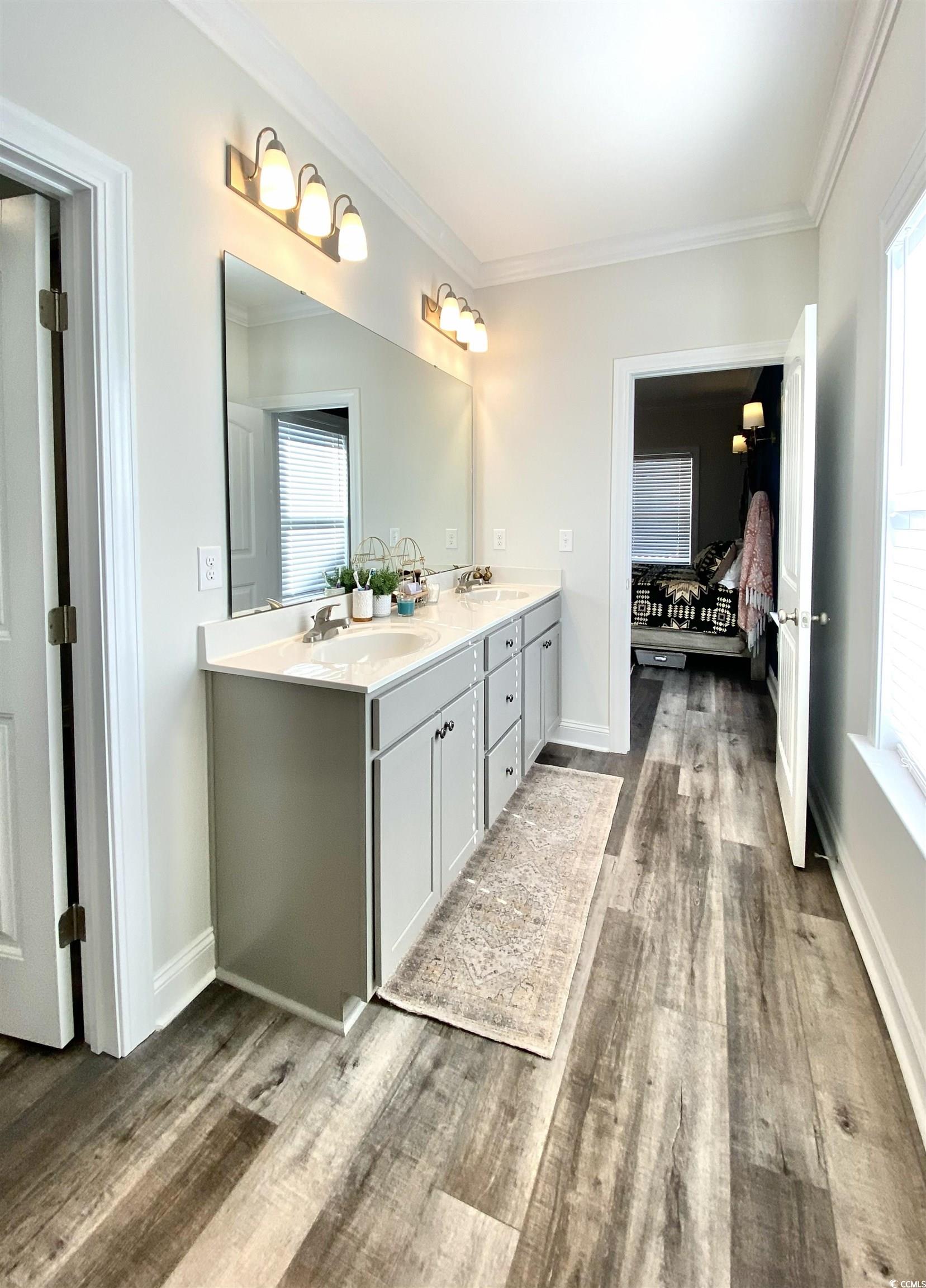 2664 Seaport Circle Georgetown, SC 29440 - Photo 20 of 40 Bathroom with connected bathroom, crown molding, double vanity, light wood-style flooring, and healthy amount of natural light