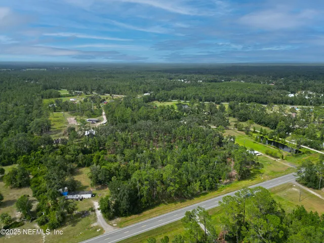 an aerial view of residential houses with outdoor space and trees