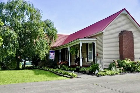 a view of a house with potted plants and a yard