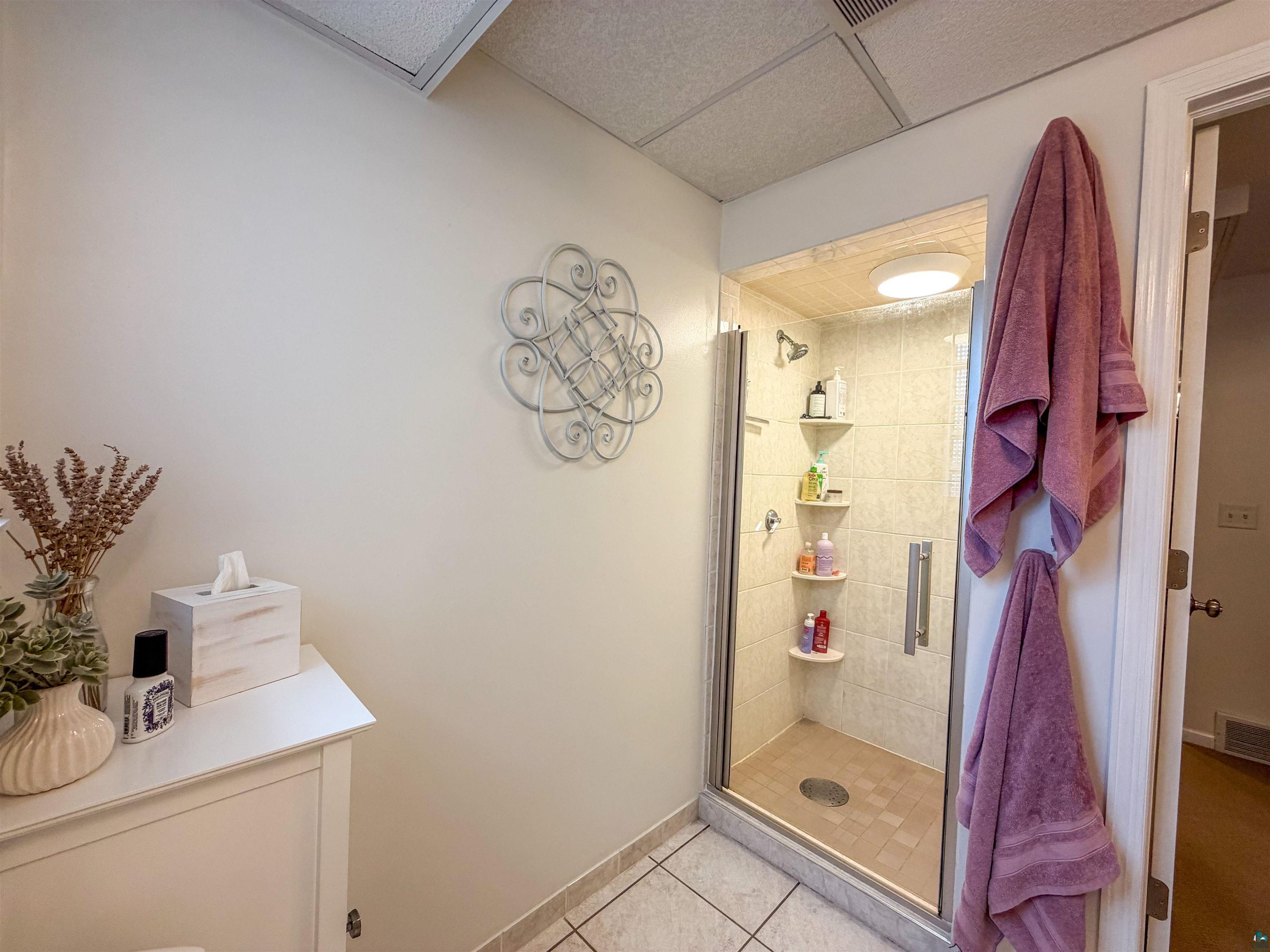 3704 Greysolon Road Duluth, MN 55804 - Photo 32 of 51 Tiled shower enclosure with a glass door, built-in shelving, and a ceiling-mounted light fixture