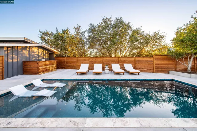 a view of swimming pool with outdoor seating and plants