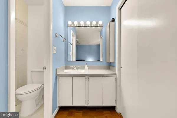 a bathroom with a sink a toilet and a mirror