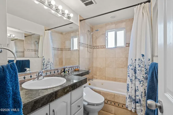 a bathroom with a granite countertop sink toilet and shower