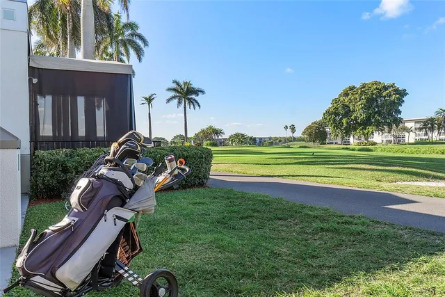a view of a big yard and potted plants in front of the house
