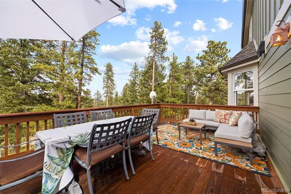 a view of a chairs and table on the roof deck