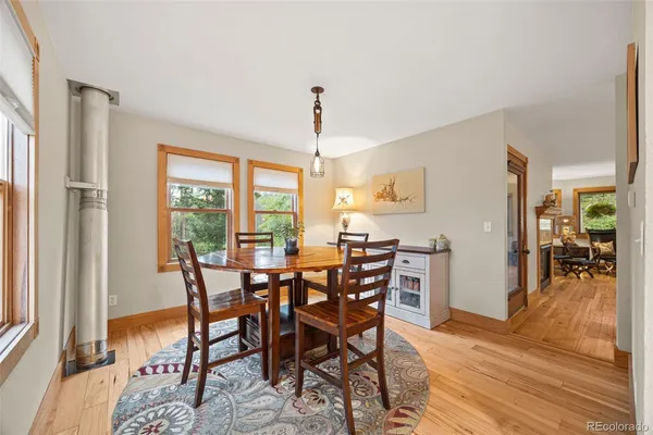 a view of a dining room with furniture window and wooden floor