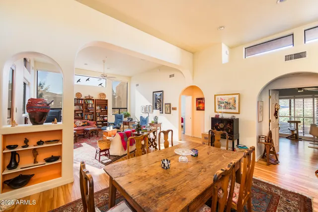a view of a dining room with furniture