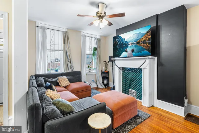 a living room with fireplace furniture and a flat screen tv