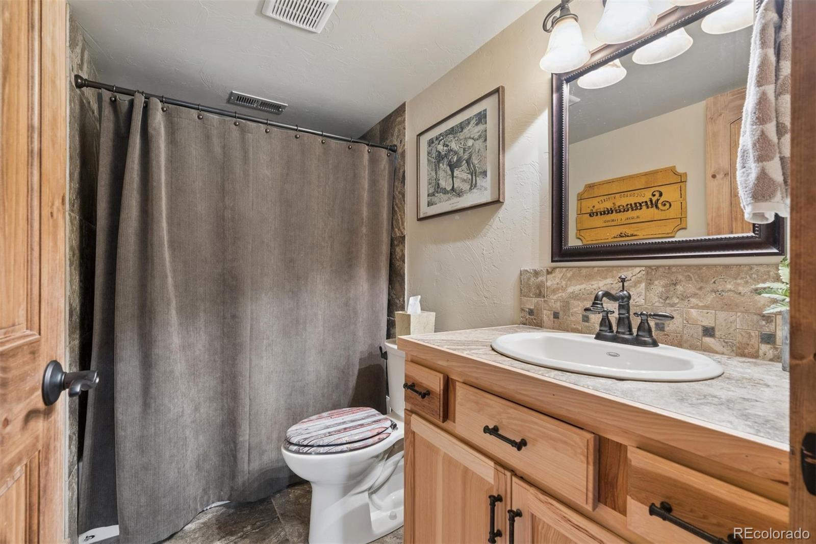 2894 County Road 43 Bailey, CO 80421 - Photo 22 of 40 a bathroom with a sink a toilet a mirror and shower curtain