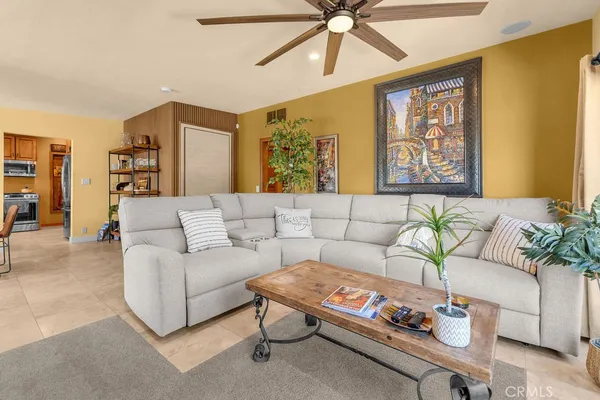 a living room with a couch and a potted plant