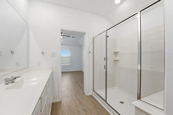 a bathroom with a shower and a sink