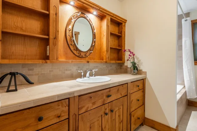 a bathroom with a sink and a mirror