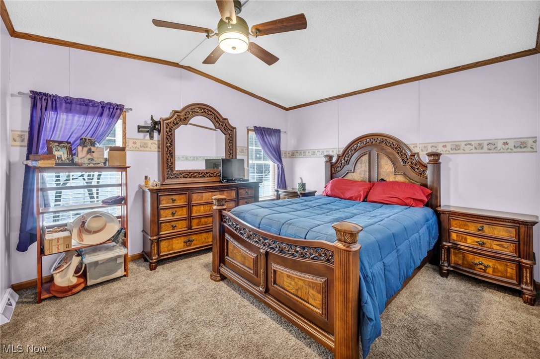 27202 Cook Road, Unit 95 Olmsted Falls, OH 44138 - Photo 19 of 46 Carpeted bedroom featuring ornamental molding, lofted ceiling, multiple windows, and ceiling fan