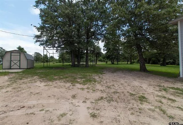 a view of a backyard with large trees