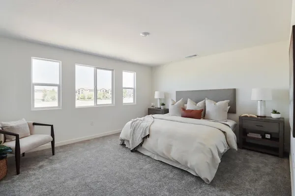 a bedroom with a bed and a window