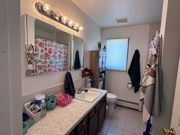 a bathroom with a sink vanity mirror and toilet