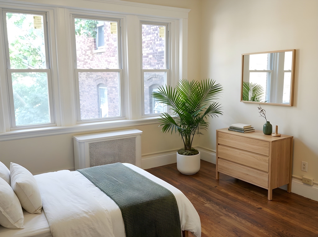 203-205 Winthrop Road, Unit 3 Brookline, MA 02445 - Photo 3 of 9 a bedroom with a large bed a potted plant and windows