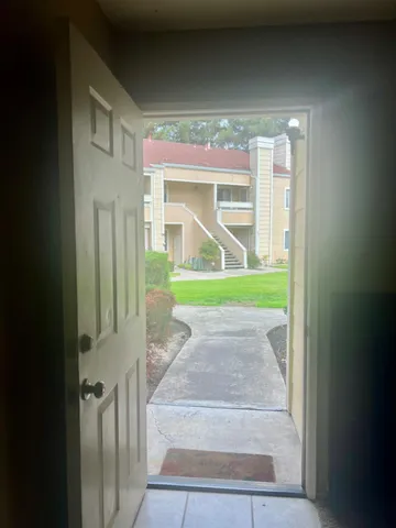 an empty room with a bench