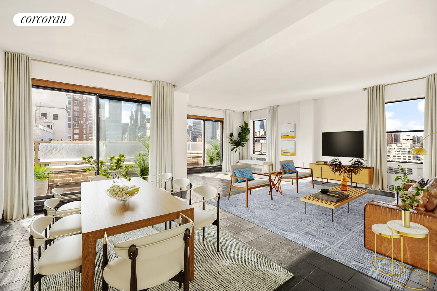 167 East 67th Street, Unit PHA Manhattan, NY 10065 - Photo 2 of 22 a living room with furniture wooden floor and a flat screen tv
