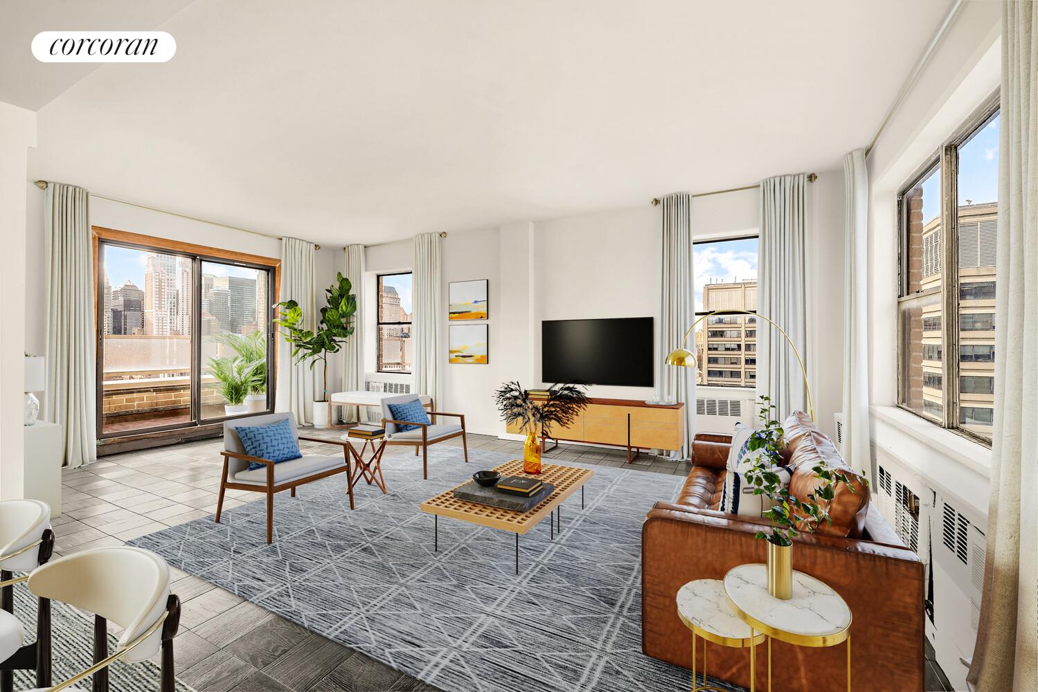 167 East 67th Street, Unit PHA Manhattan, NY 10065 - Photo 3 of 22 a living room with furniture a flat screen tv and a large window