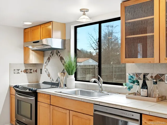 a kitchen with a sink and a potted plant