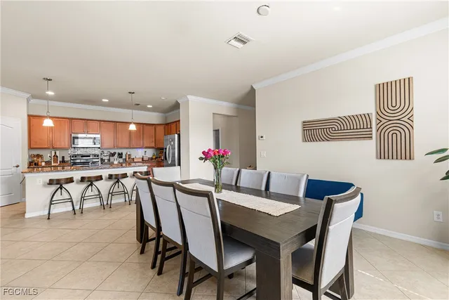 a view of a dining room with furniture