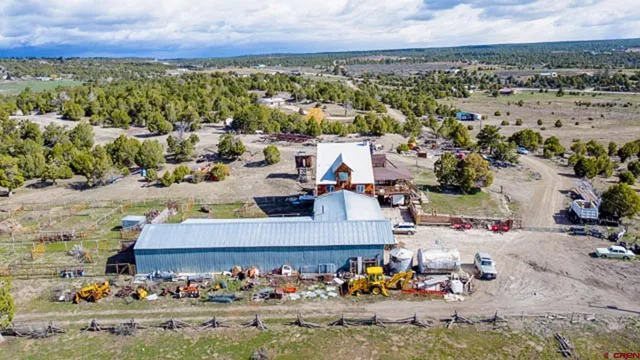 an aerial view of a house with a garden