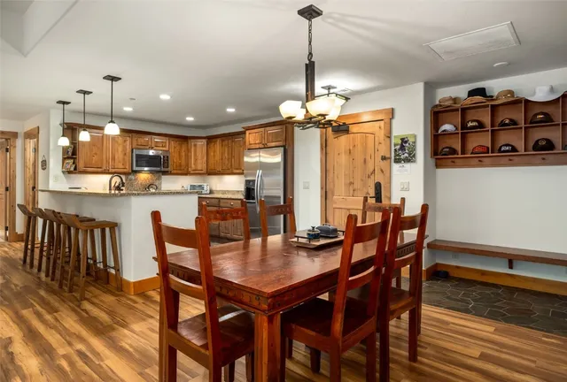 a view of a dining room with furniture