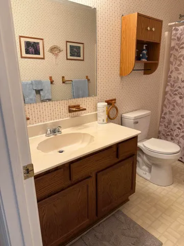 a bathroom with a sink a toilet and mirror