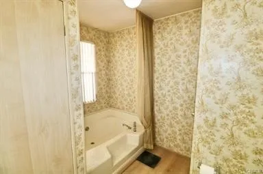 a bathroom with a bathtub and a shower