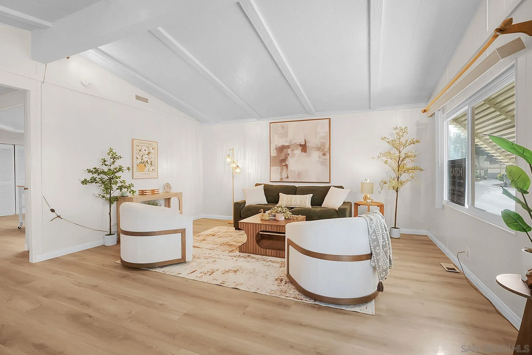 a living room with furniture and a potted plant