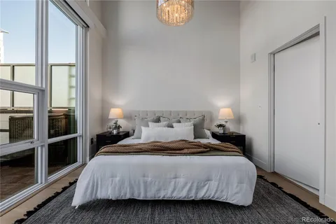 a spacious bedroom with a bed and windows