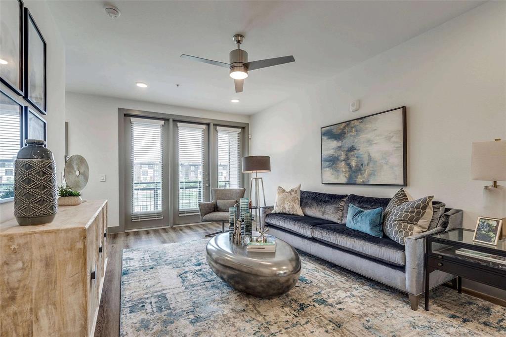 4020 McEwen Road, Unit 9123 Farmers Branch, TX 75244 - Photo 2 of 20 Living room featuring wood finished floors, a ceiling fan, and recessed lighting