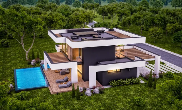 an aerial view of a house with pool table and chairs