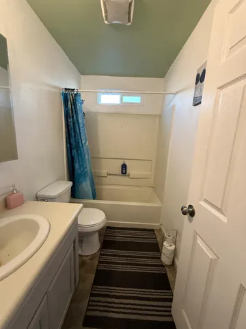 a bathroom with a sink a toilet a mirror and shower