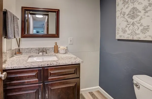 a bathroom with a granite countertop sink and a toilet