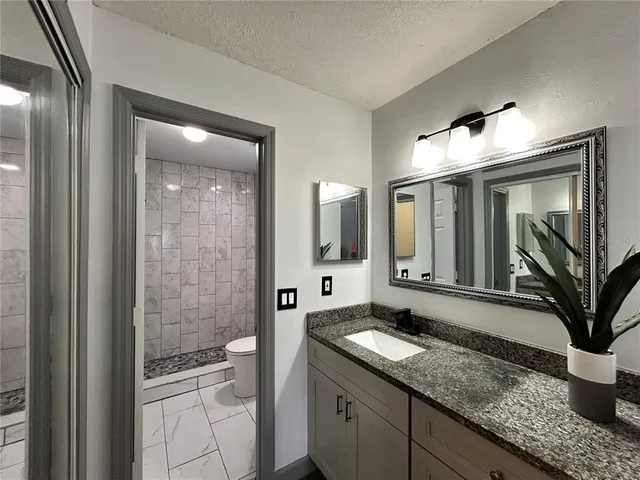 a bathroom with a granite countertop sink a mirror and a shower