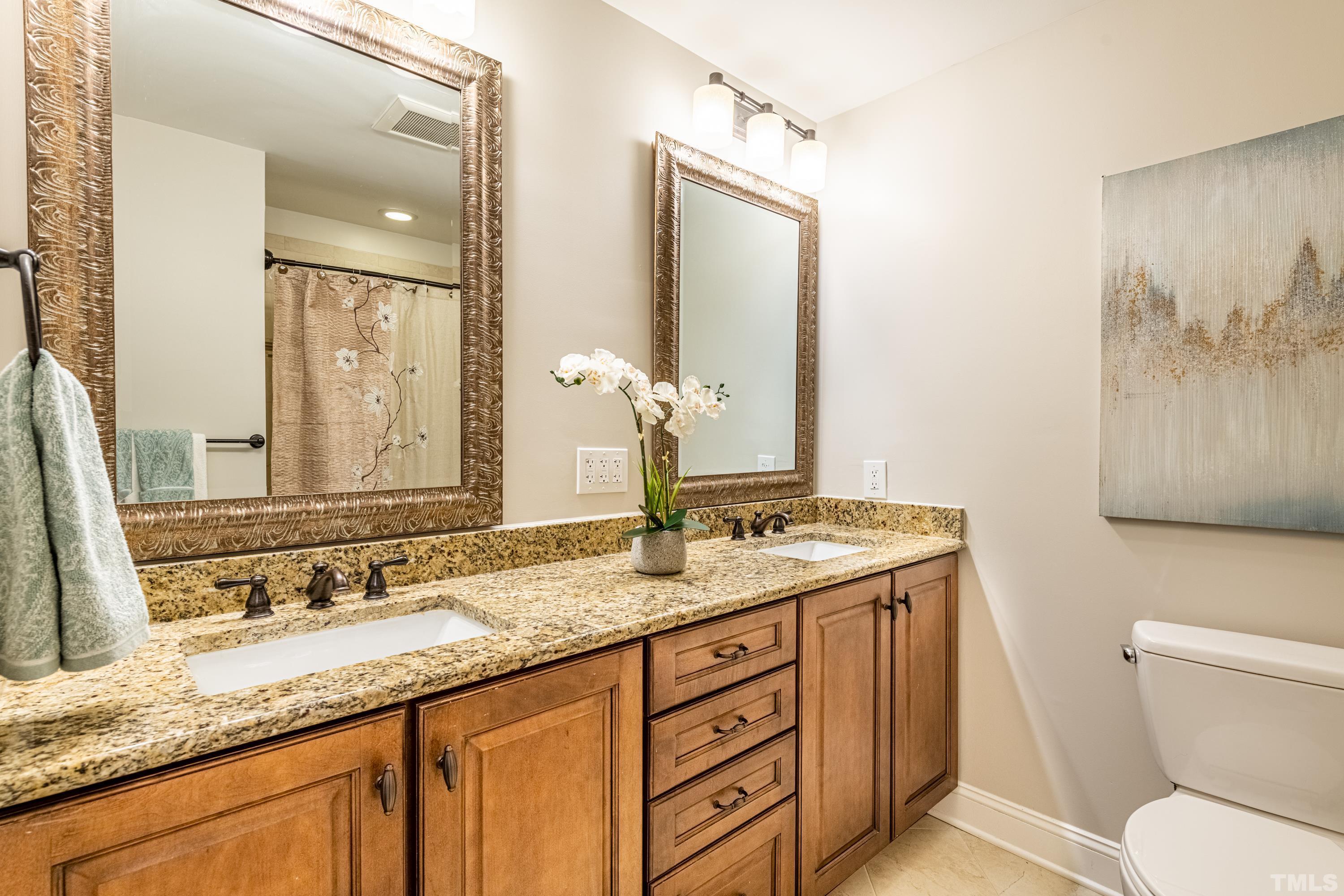 201 Chatterson Drive Raleigh, NC 27615 - Photo 24 of 44 a bathroom with a granite countertop sink toilet and mirror