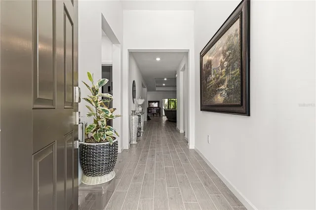 a hallway with wooden floor and potted plant