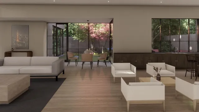 a living room with furniture and large windows