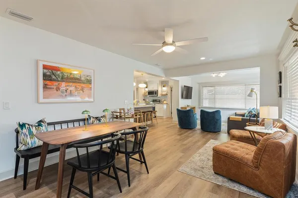 a view of a dining room with furniture