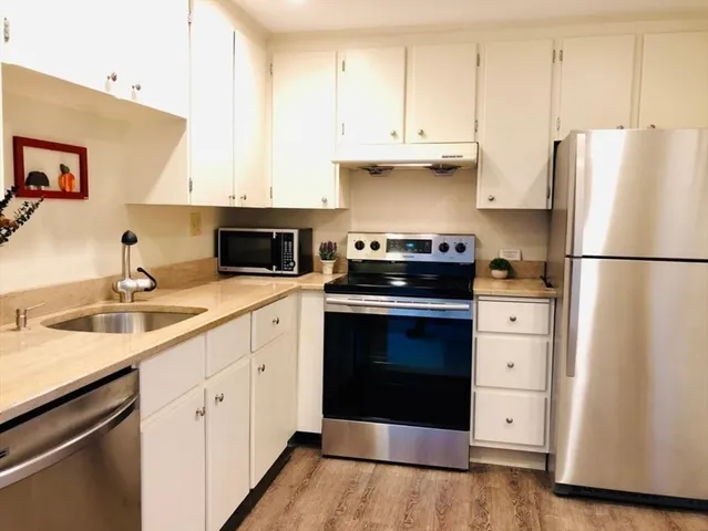 a kitchen with appliances a sink and cabinets