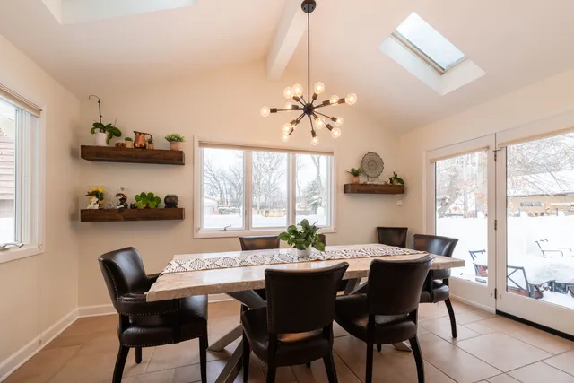 a view of a dining room with furniture window and outside view