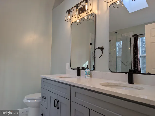 a bathroom with a double vanity sink toilet and a mirror